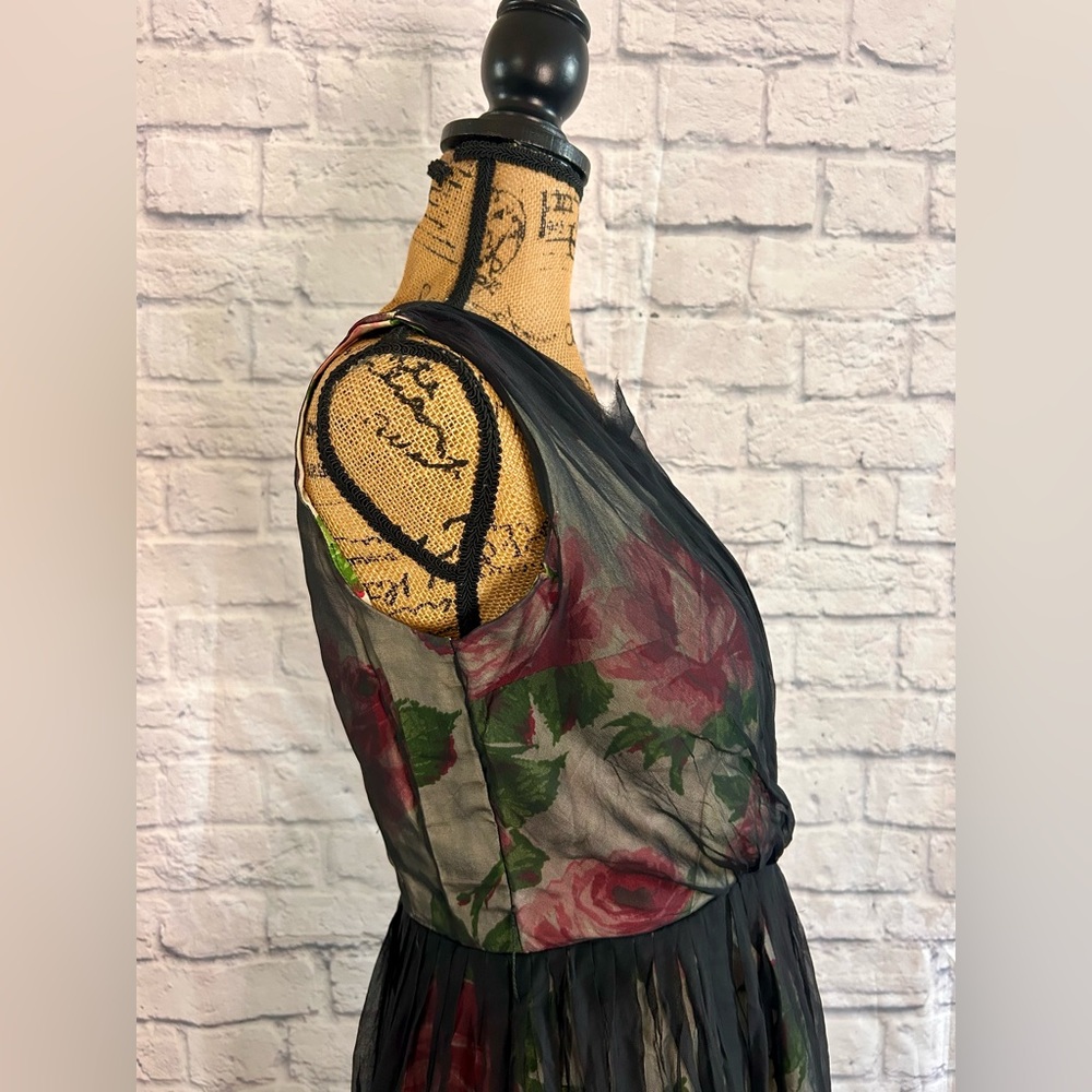 Vintage 50s Dress WOUNDED BIRD Black Pink Floral Midi Evening Formal Party Prom - Picture 10 of 17